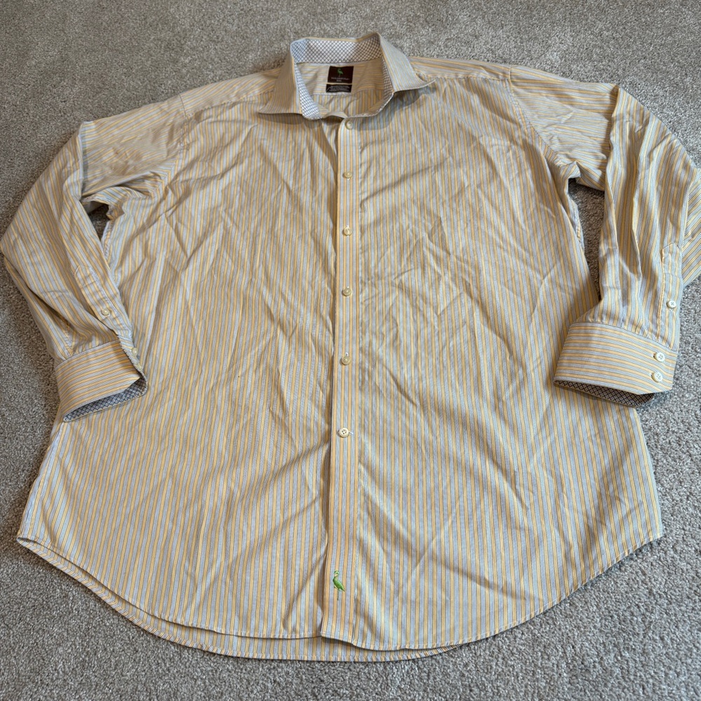 TAILORBYRD XXL Long Sleeve Button Shirt Yellow Blue White Striped Contrast Cuff